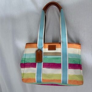 Coach Multicolor Striped Canvas Tote with Light Blue Handles